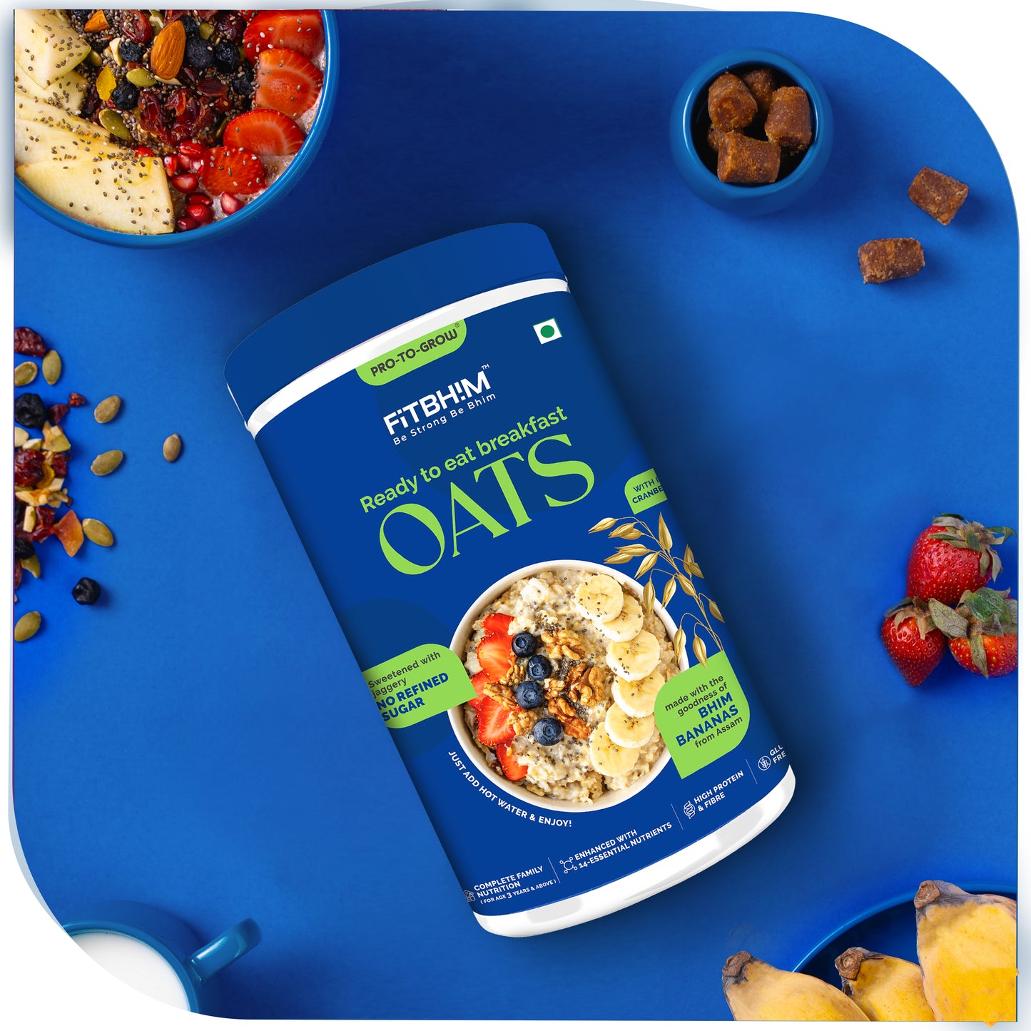 Fitbhim Ready-to-Eat Jaggery Oats — Bhim Banana (300g Jar) + Everyday Breakfast Bowl with Spoon (500ml)