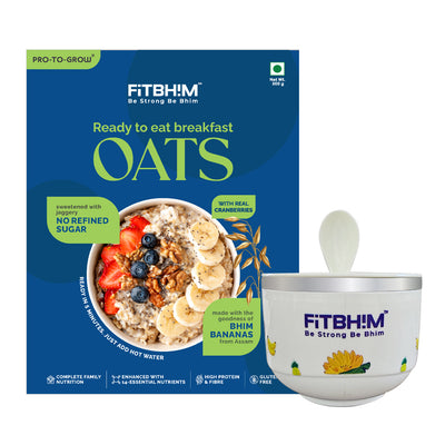 Fitbhim Ready-to-Eat Jaggery Oats — Bhim Banana (300g box) + Everyday Breakfast Bowl with Spoon (500ml)