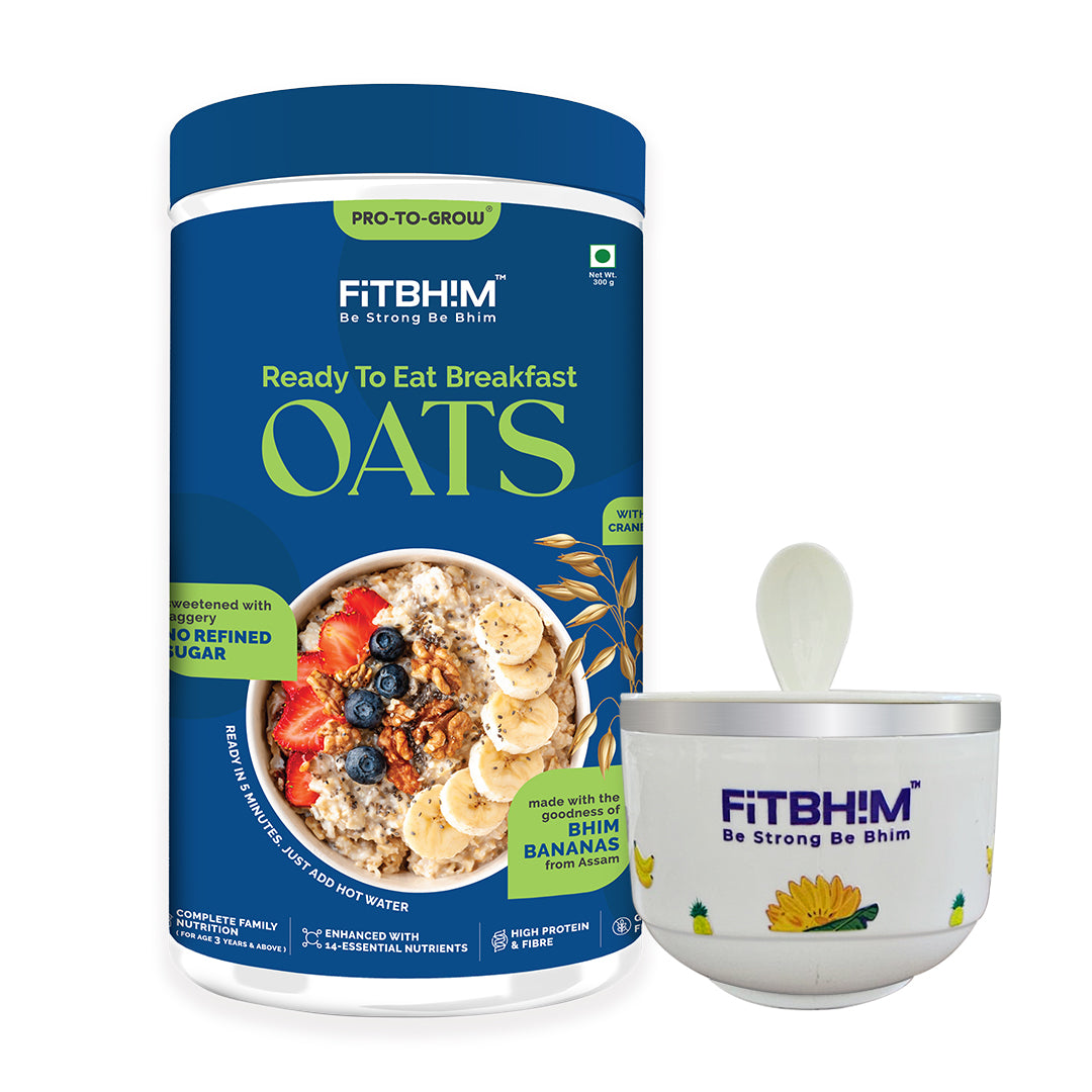 Fitbhim Ready-to-Eat Jaggery Oats — Bhim Banana (300g Jar) + Everyday Breakfast Bowl with Spoon (500ml)