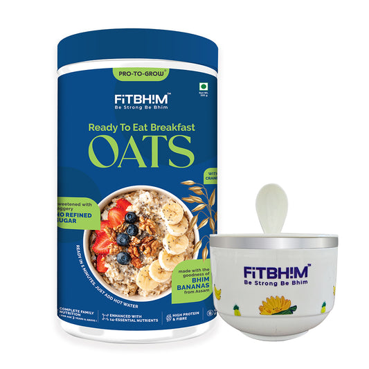 Fitbhim Ready-to-Eat Jaggery Oats — Bhim Banana (300g Jar) + Everyday Breakfast Bowl with Spoon (500ml)