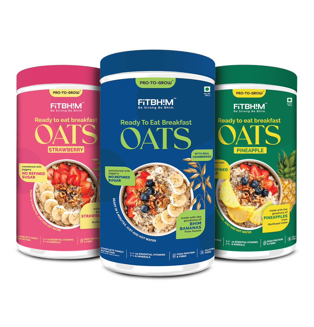 Ready-To-Eat Bhim Banana, Pineapples & Strawberries Oats Combo | Pro-To-Grow (Pack of 3 × 300g Jar)
