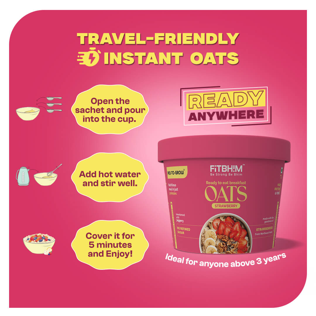 Instant Strawberry Oats Cups with Northeastern Strawberries | Pro-To-Grow (Pack of 5 × 60g)