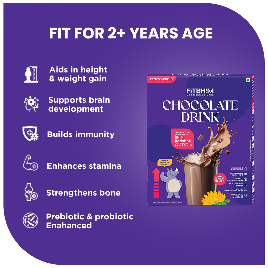 Fitbhim Nutritional Chocolate Drink Powder 200g Jar & 300g Box | Bhim Banana | Belgian Chocolate Flavor for Kids (2+ years)