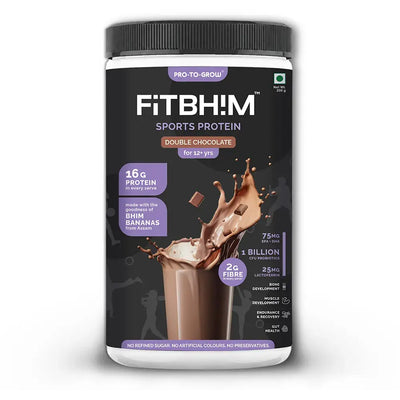 FitBhim Sports Protein Drink- Double Chocolate | 16g Protein, BCAAs, Omega-3 & Probiotics (200g)