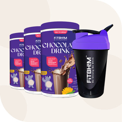 Fitbhim Chocolate Drink — Belgian Chocolate | Kids 2+ (200g × 3) + Free FitBhim Sipper