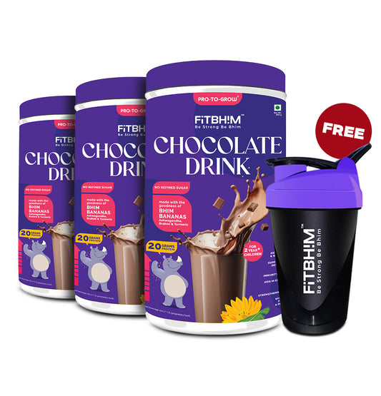 Chocolate Health Drink for Kids with Bhim Banana + Free Sipper Combo | Pro-To-Grow (Pack of 3 x 200g Jars)