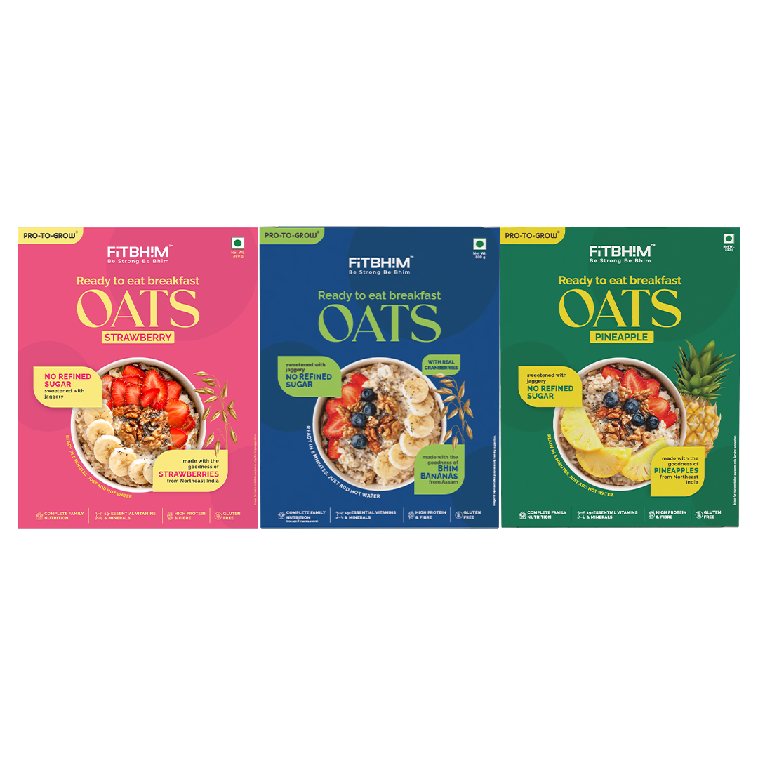 Pro-To-Grow Fitbhim Ready-to-Eat Oats  (300g × 3 Box) | Enriched with Bhim Banana, Real Pineapples & Strawberries (Pack of 3)