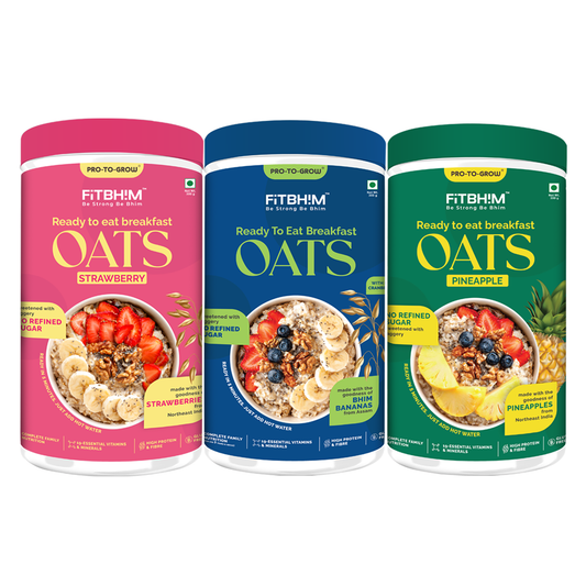 Pro-To-Grow Fitbhim Ready-to-Eat Oats  (300g × 3 Jars) | Enriched with Bhim Banana, Real Pineapples & Strawberries (Pack of 3)