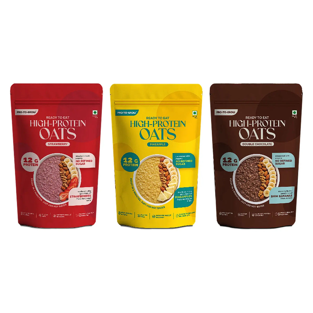Ready-to-Eat Strawberry, Pineapple and Double Chocolate High Protein Oats - 50g Single Serve ( Pack of 3 )