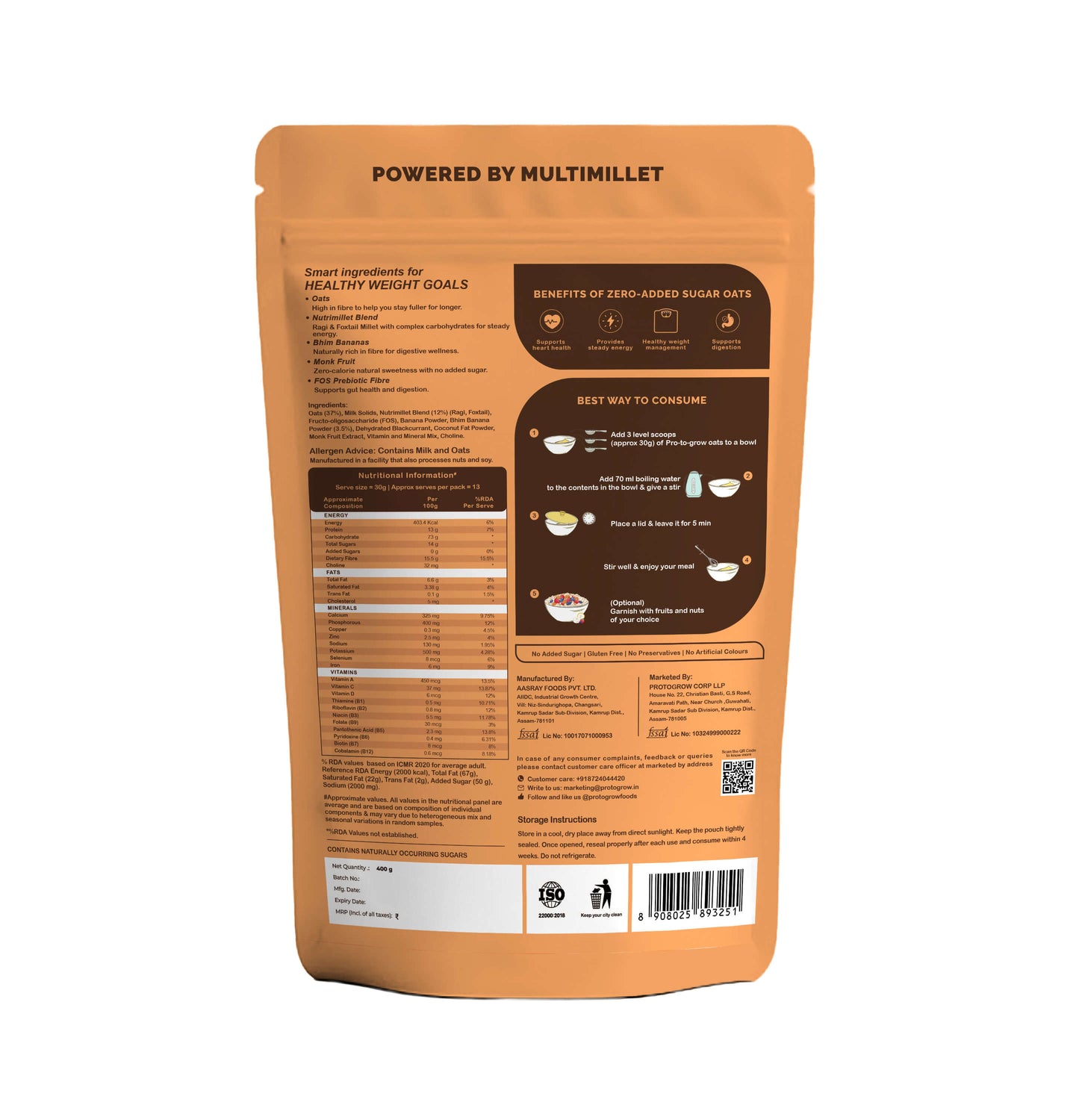 Ready-to-Eat Zero Added Sugar Oats - 400g Pouch